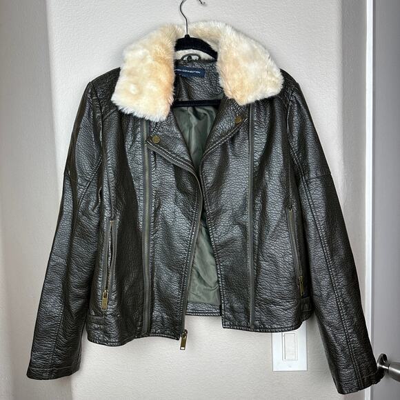 French Connection Faux Leather Fur Collar Moto Jacket Olive Green Large - Picture 2 of 11